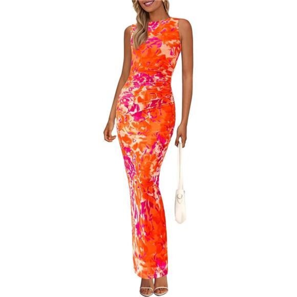 Women Floral Bodycon Sleeveless Mesh Maxi Dress Orange - Picture 1 of 5